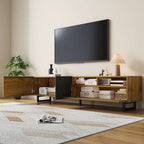 Retro Wood Grain Colourblock TV Cabinet – 3 Doors, U-Shaped Metal Legs | Premium Home Decor | OFIA HOME