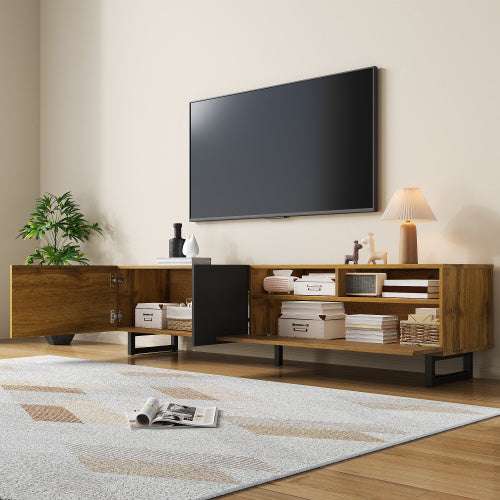 Retro Wood Grain Colourblock TV Cabinet – 3 Doors, U-Shaped Metal Legs | Premium Home Decor | OFIA HOME