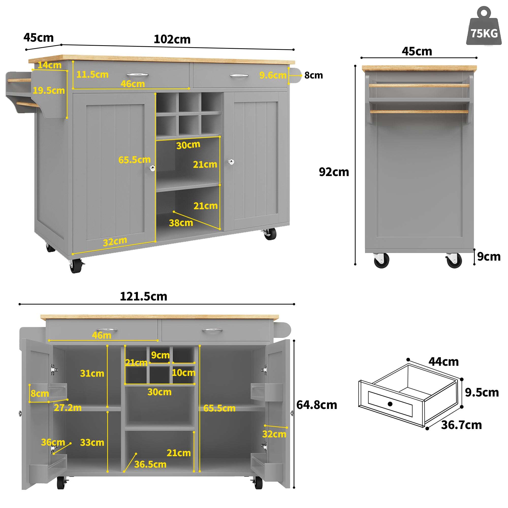 Wood Grain Kitchen Island with Storage — Grey | Premium Home Decor | OFIA HOME