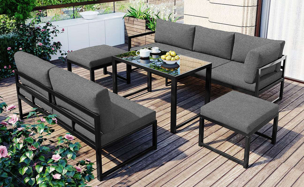 Grey Reclining Garden Lounge Set | Adjustable Backrest, All-Weather Cushions & Galvanised Frame | Premium Home Decor | OFIA HOME