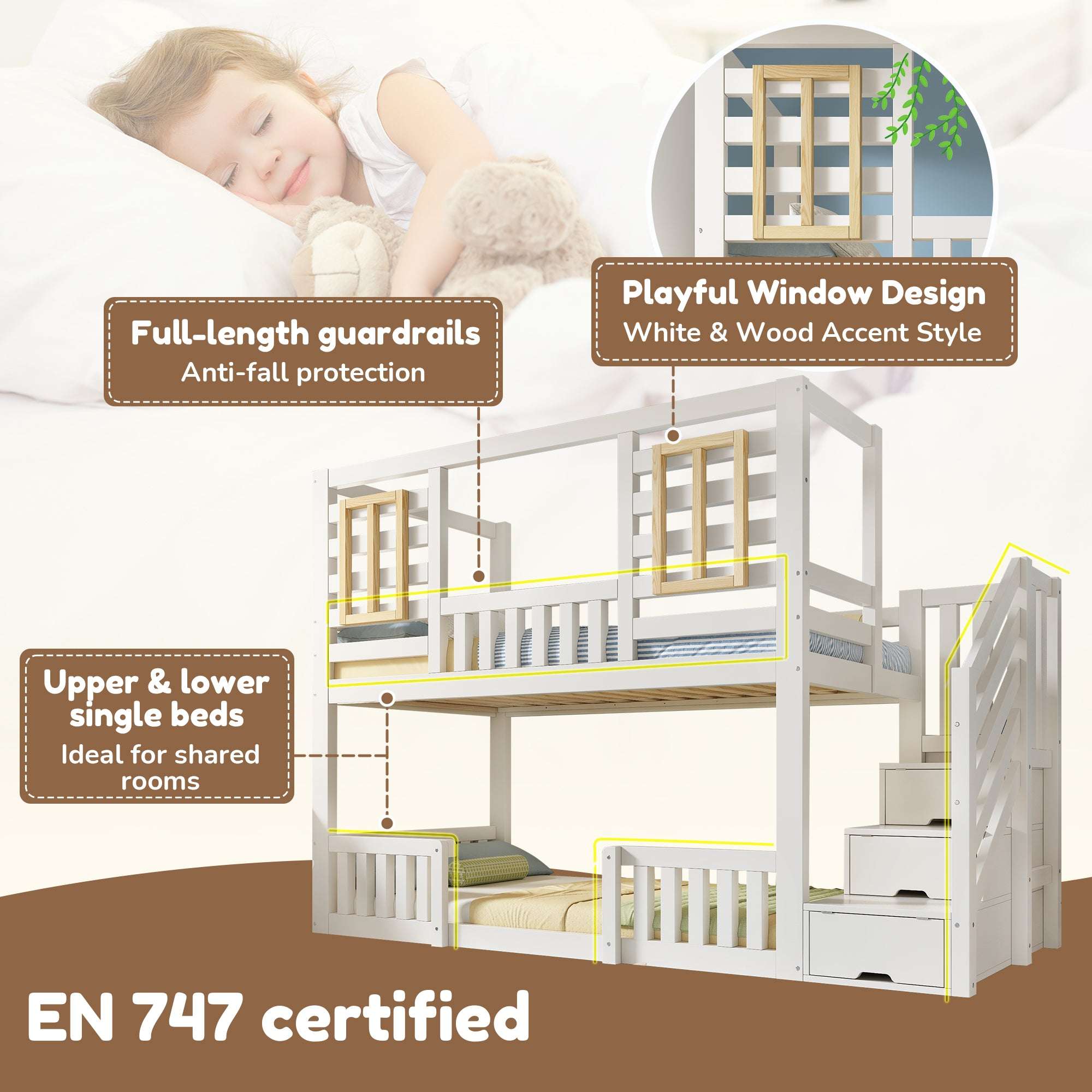 Children's House Bunk Bed | Solid Wood with Staircase Storage | Twin Sleeper 3ft | White | Premium Home Decor | OFIA HOME