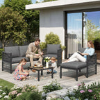 Grey 4-5 Seater Modular Patio Sofa Set | Polyester Rope, Tempered Glass Table & Weatherproof Cushions | Premium Home Decor | OFIA HOME
