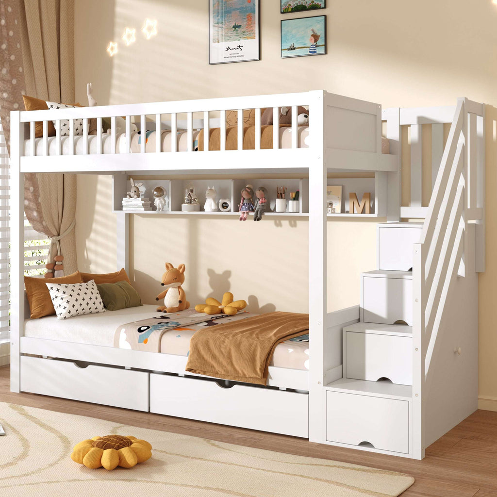 White Solid Wood Single Loft Bed | Stairs, Drawers & Rails | 3ft | Premium Home Decor | OFIA HOME
