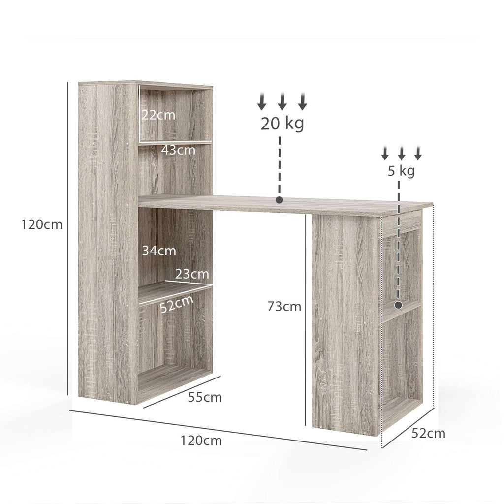 Grey Computer Desk with 6-Tier Bookshelf | 120cm Home Office Writing Workstation | Premium Home Decor | OFIA HOME