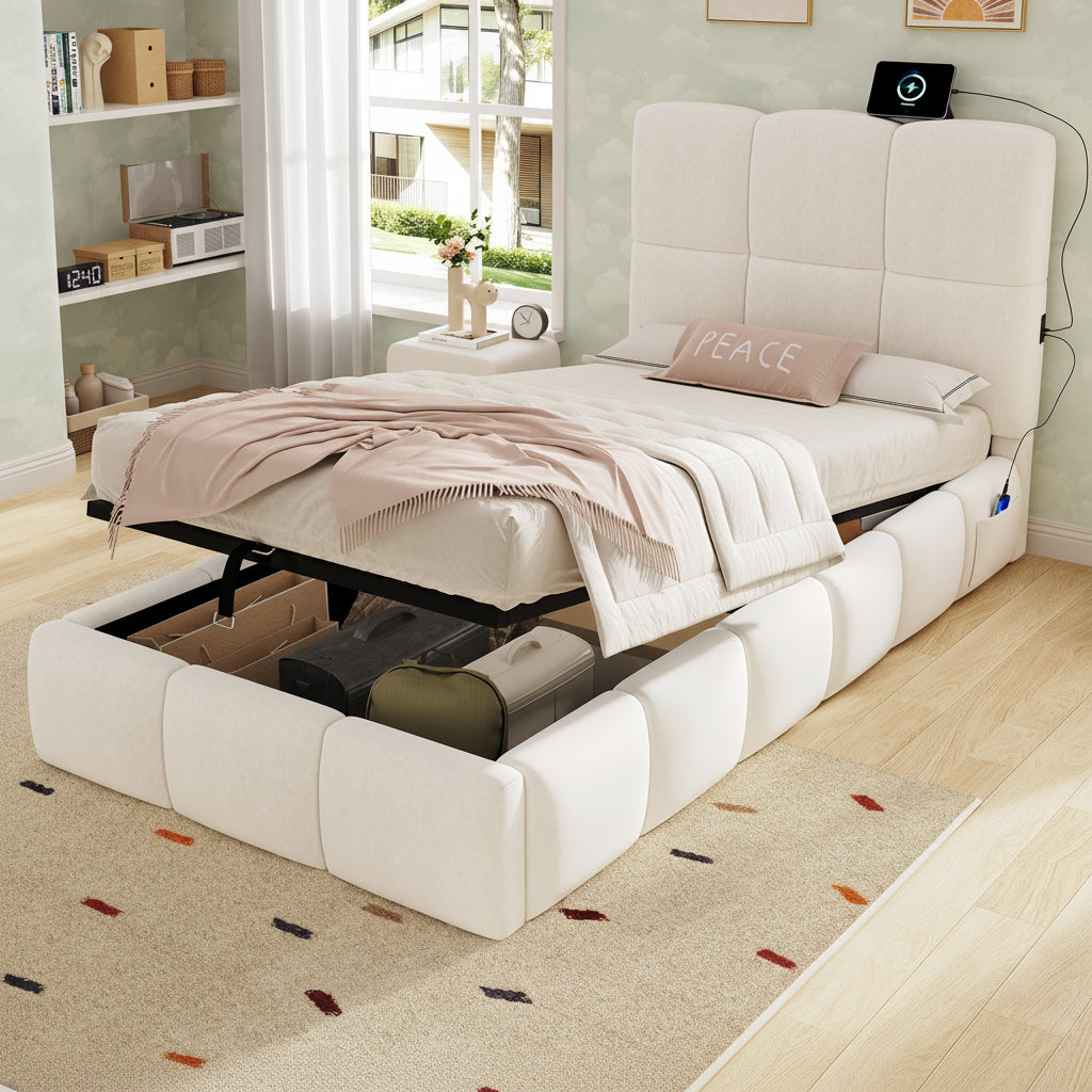 Beige Velvet Children's Storage Bed | 3ft Single with Hydraulic Lift & USB Headboard | Premium Home Decor | OFIA HOME