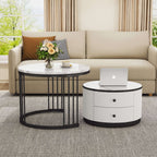 Marble Effect Nesting Coffee Tables with Storage — Set of 2 | White & Black | Premium Home Decor | OFIA HOME