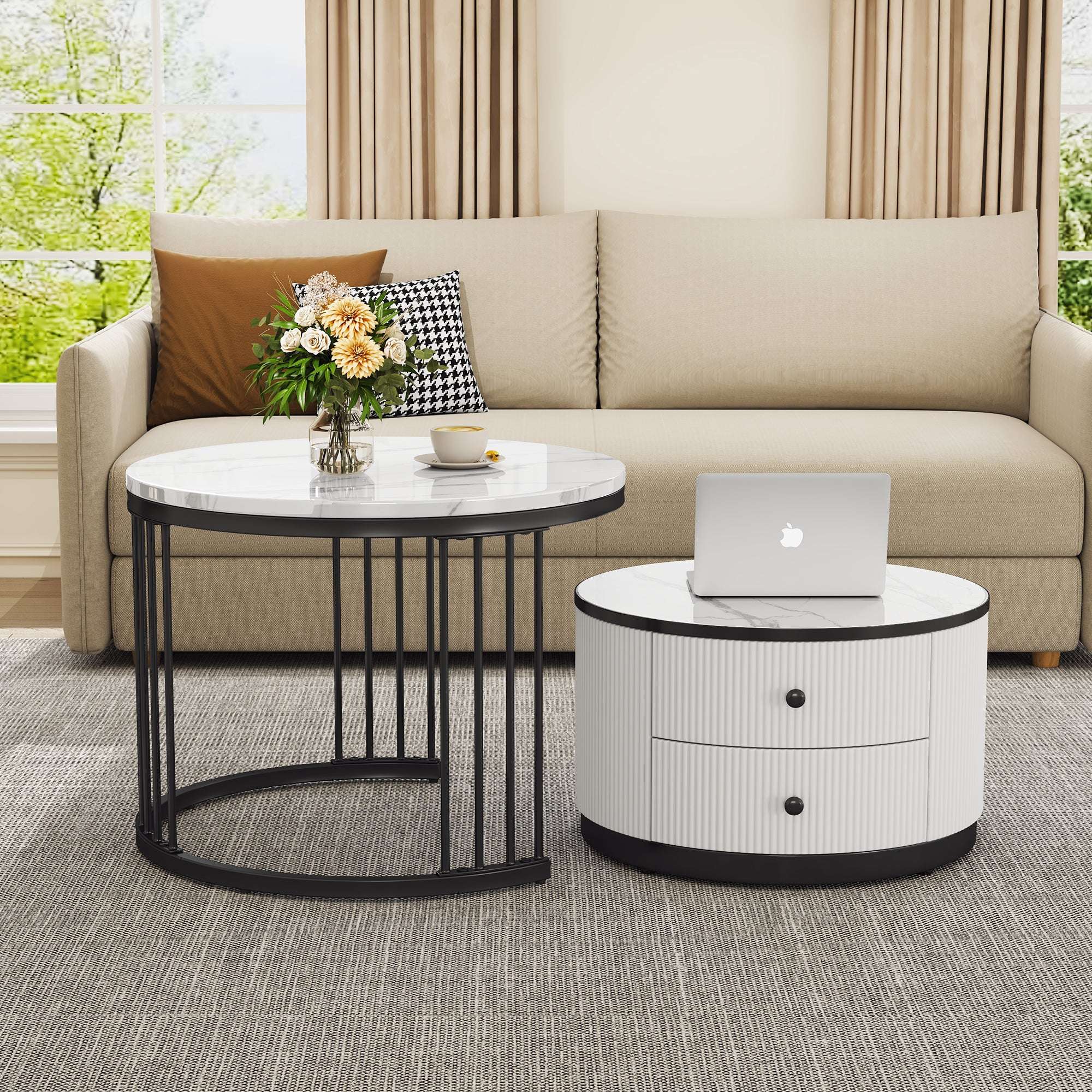 Marble Effect Nesting Coffee Tables with Storage — Set of 2 | White & Black | Premium Home Decor | OFIA HOME