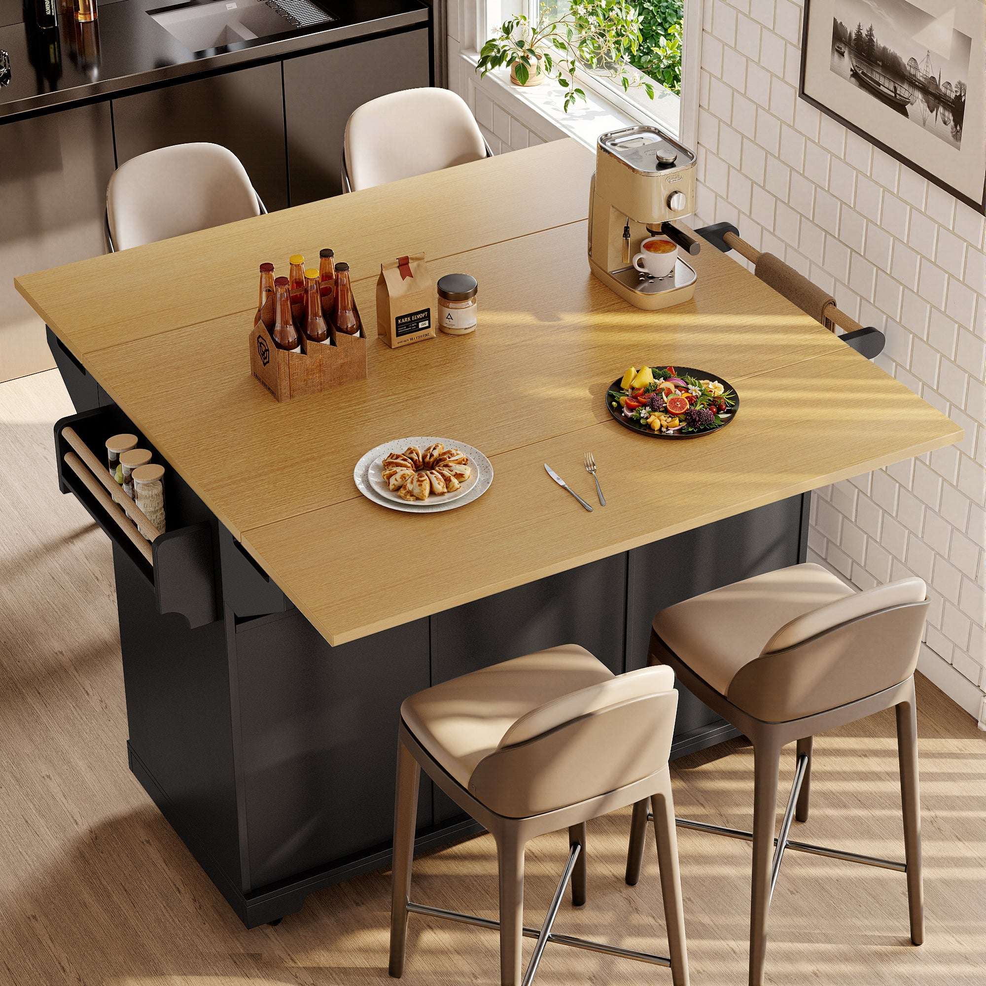 Black Kitchen Island Cabinet with Drawers & Open Shelves | Premium Home Decor | OFIA HOME