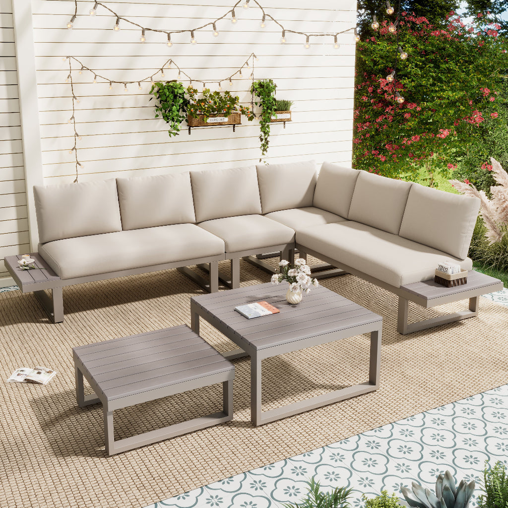 5-6 Seater Reclining Garden Lounge Set | 6-Piece Galvanized Steel Patio Furniture | Beige & Khaki | 2 WPC Tables | Premium Home Decor | OFIA HOME