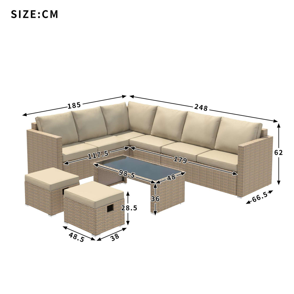 Khaki Rattan Corner Garden Sofa Set with Coffee Table & Stools | Premium Home Decor | OFIA HOME