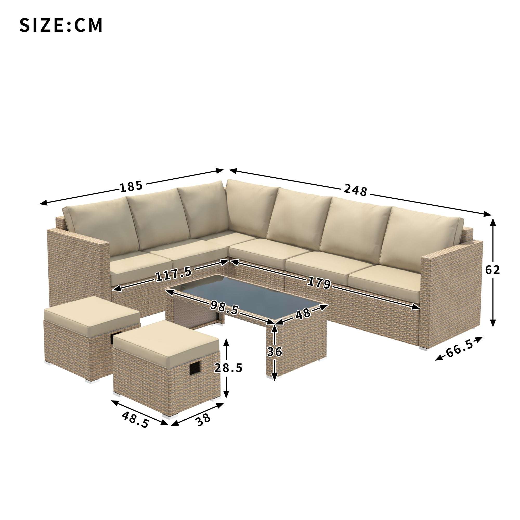 Khaki Rattan Corner Garden Sofa Set with Coffee Table & Stools | Premium Home Decor | OFIA HOME