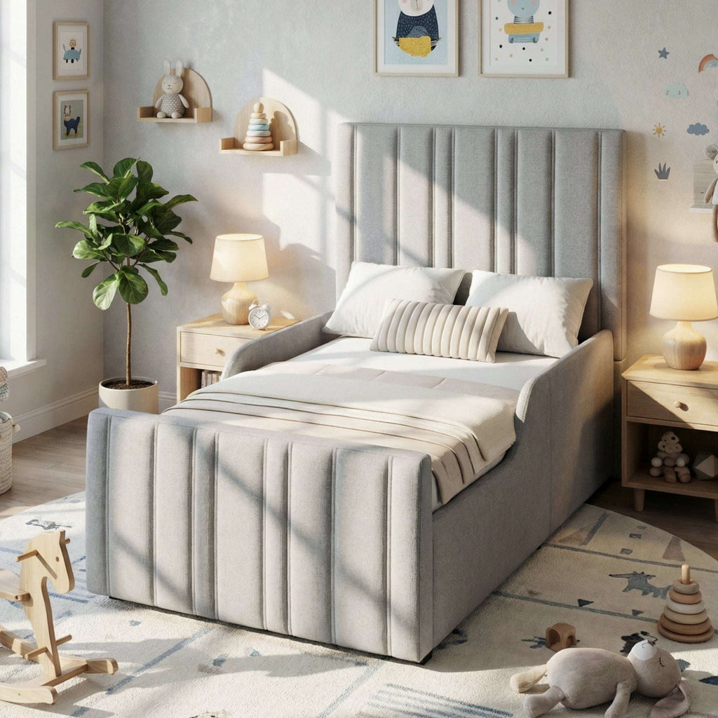 Children's Single Bed | Grey Linen Upholstered Headboard & Hydraulic Storage | 3ft 90x190cm | Premium Home Decor | OFIA HOME