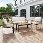 Beige Rattan Garden Lounge Set | Double Sofa, 2 Armchairs & Table | Cushions Included | Premium Home Decor | OFIA HOME