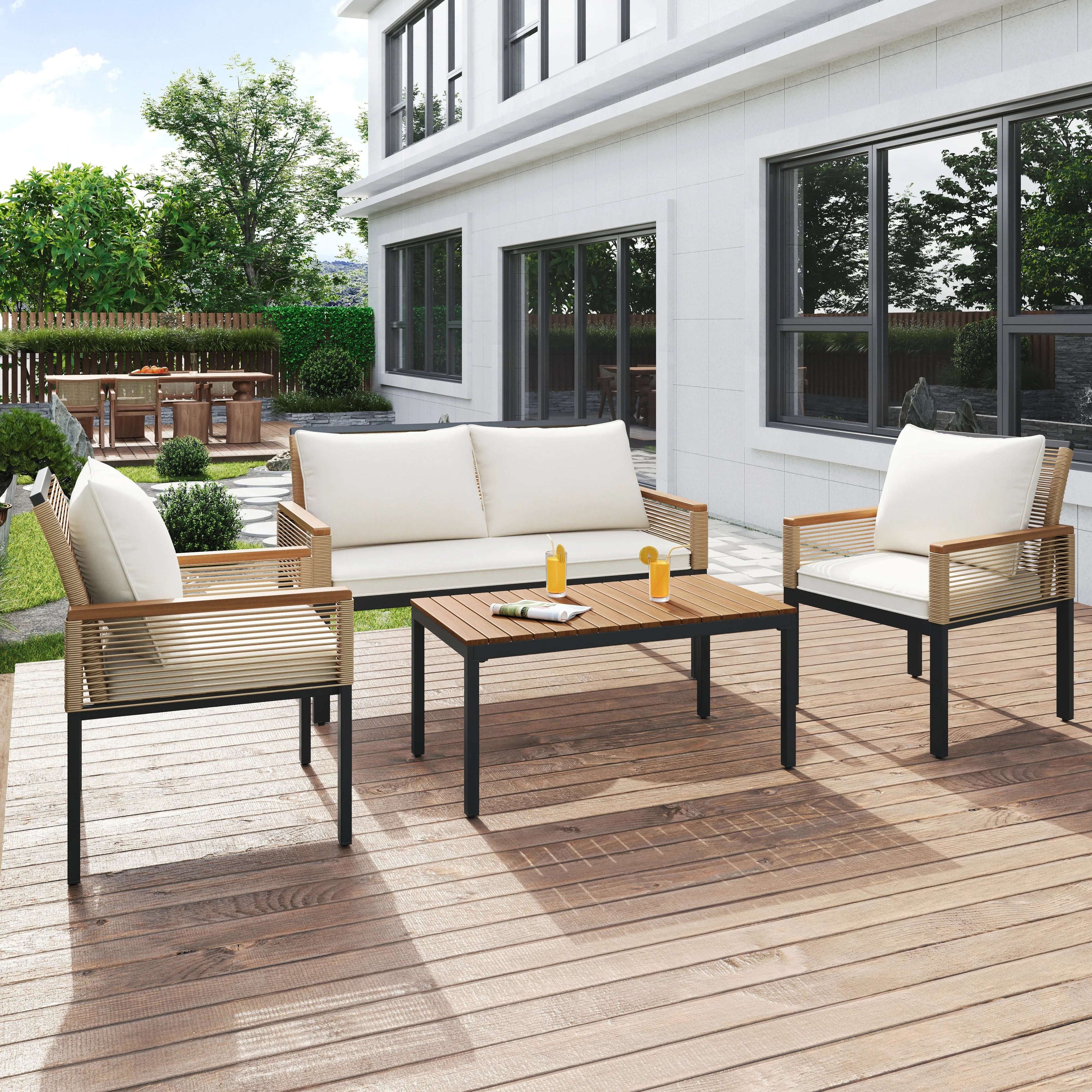 Beige Rattan Garden Lounge Set | Double Sofa, 2 Armchairs & Table | Cushions Included | Premium Home Decor | OFIA HOME