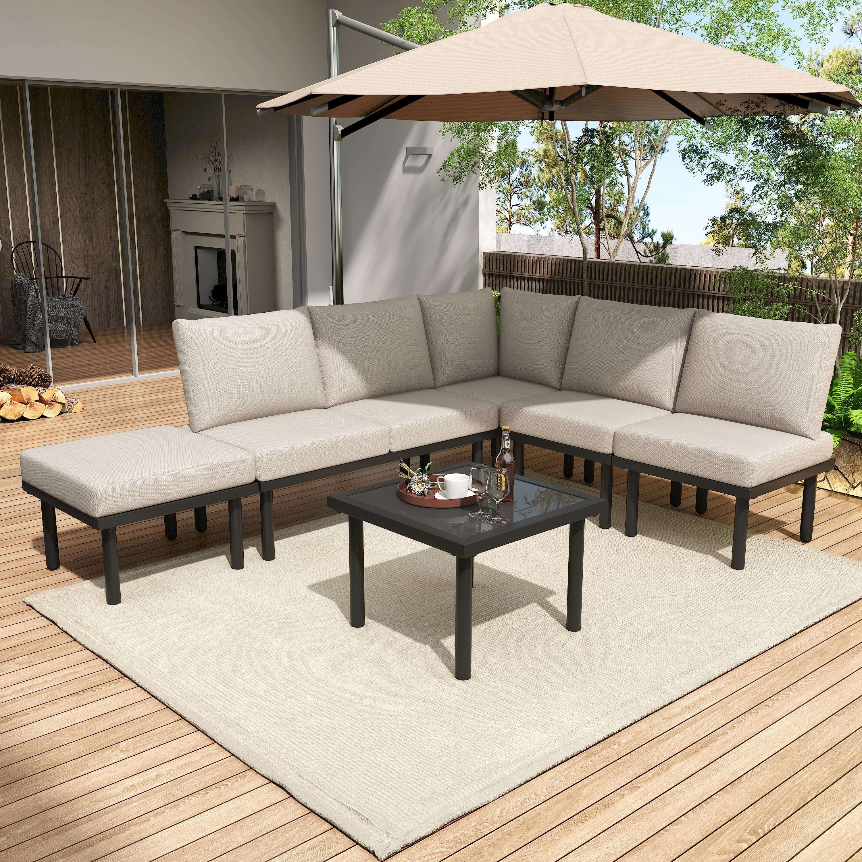 Beige Rope Garden Lounge Set | 6-Seater with Galvanized Frame, Glass Table & Cushions | Premium Home Decor | OFIA HOME