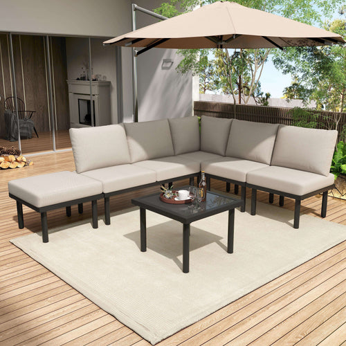 Beige Rope Garden Lounge Set | 6-Seater with Galvanized Frame, Glass Table & Cushions | Premium Home Decor | OFIA HOME