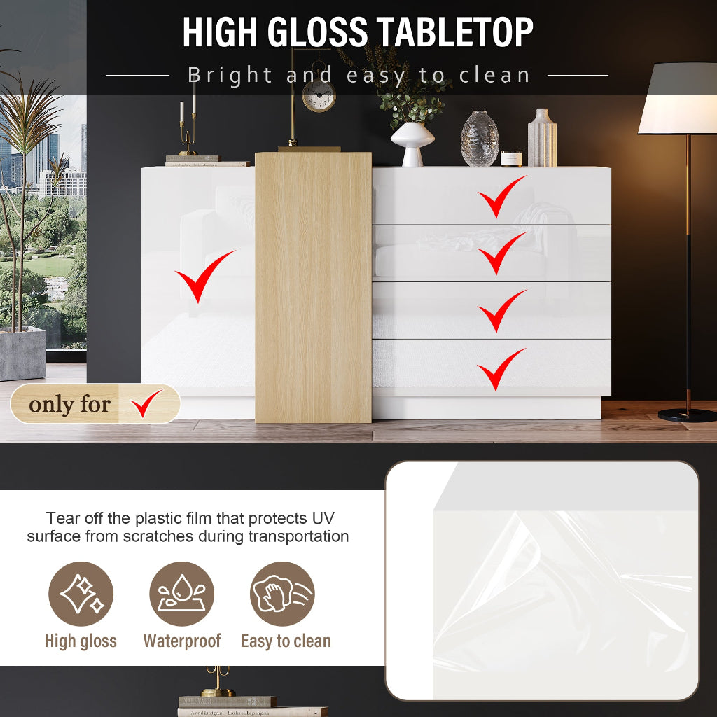 White High-Gloss Sideboard with 4 Drawers & 2 Doors | 140cm | Premium Home Decor | OFIA HOME