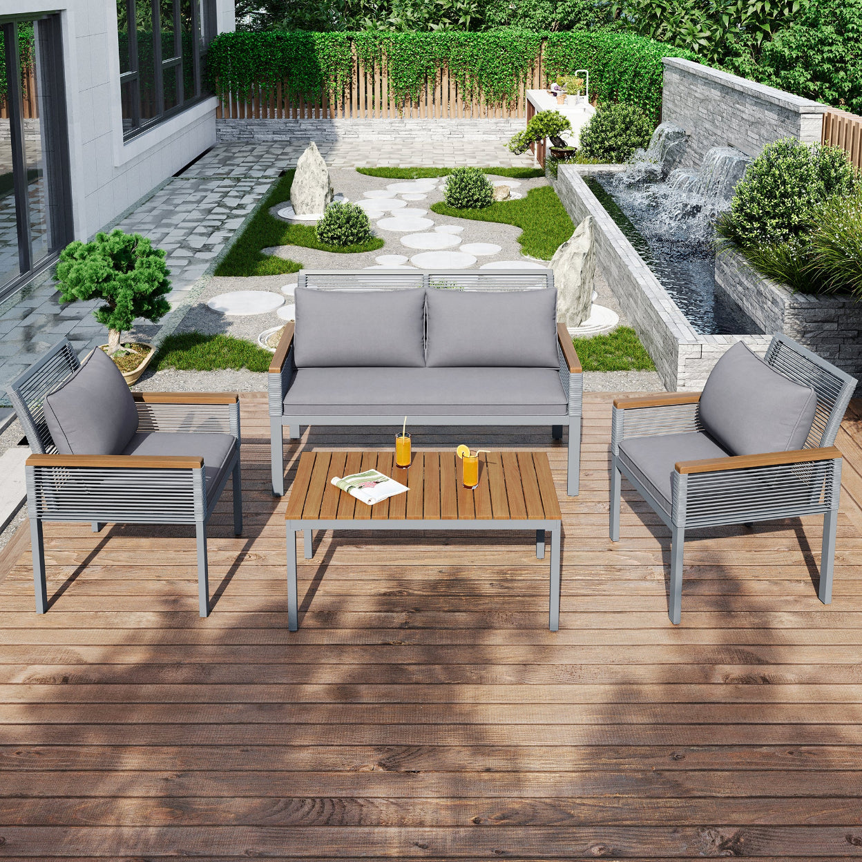 Garden Lounge Set, Garden Furniture Set With Comfortable Cushions, Double Sofa, 2 Armchairs And Table, Outdoor, Rattan, Table And Chairs, Grey | Premium Home Decor | OFIA HOME