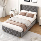 Grey Velvet Single Bed | Button & Rivet Headboard | Wooden Legs | Premium Home Decor | OFIA HOME