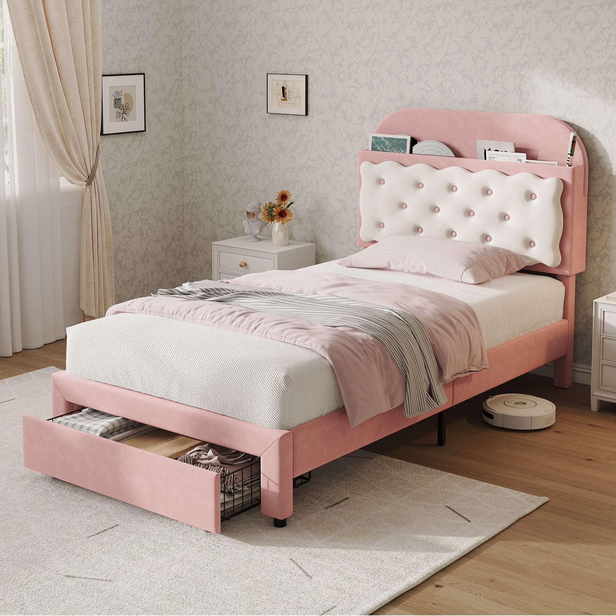 Velvet Single Bed Frame | Cookie Headboard, Storage Drawer | Cream & Pink | 3ft | Premium Home Decor | OFIA HOME