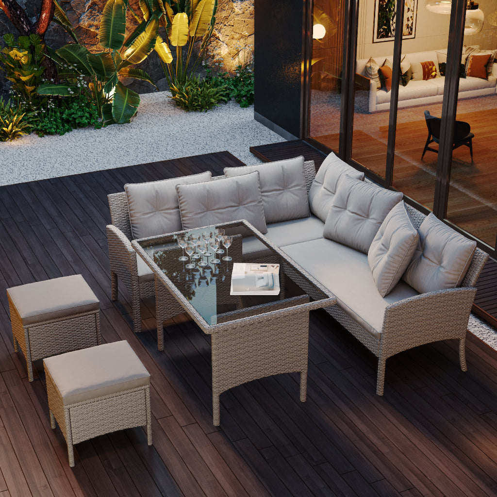 6-7 Seater Rattan Corner Garden Sofa Set | Khaki Wicker with Light Grey Cushions | Table & Stool Included | Premium Home Decor | OFIA HOME
