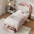 Velvet Single Bed Frame | Cookie Headboard, Storage Drawer | Cream & Pink | 3ft | Premium Home Decor | OFIA HOME