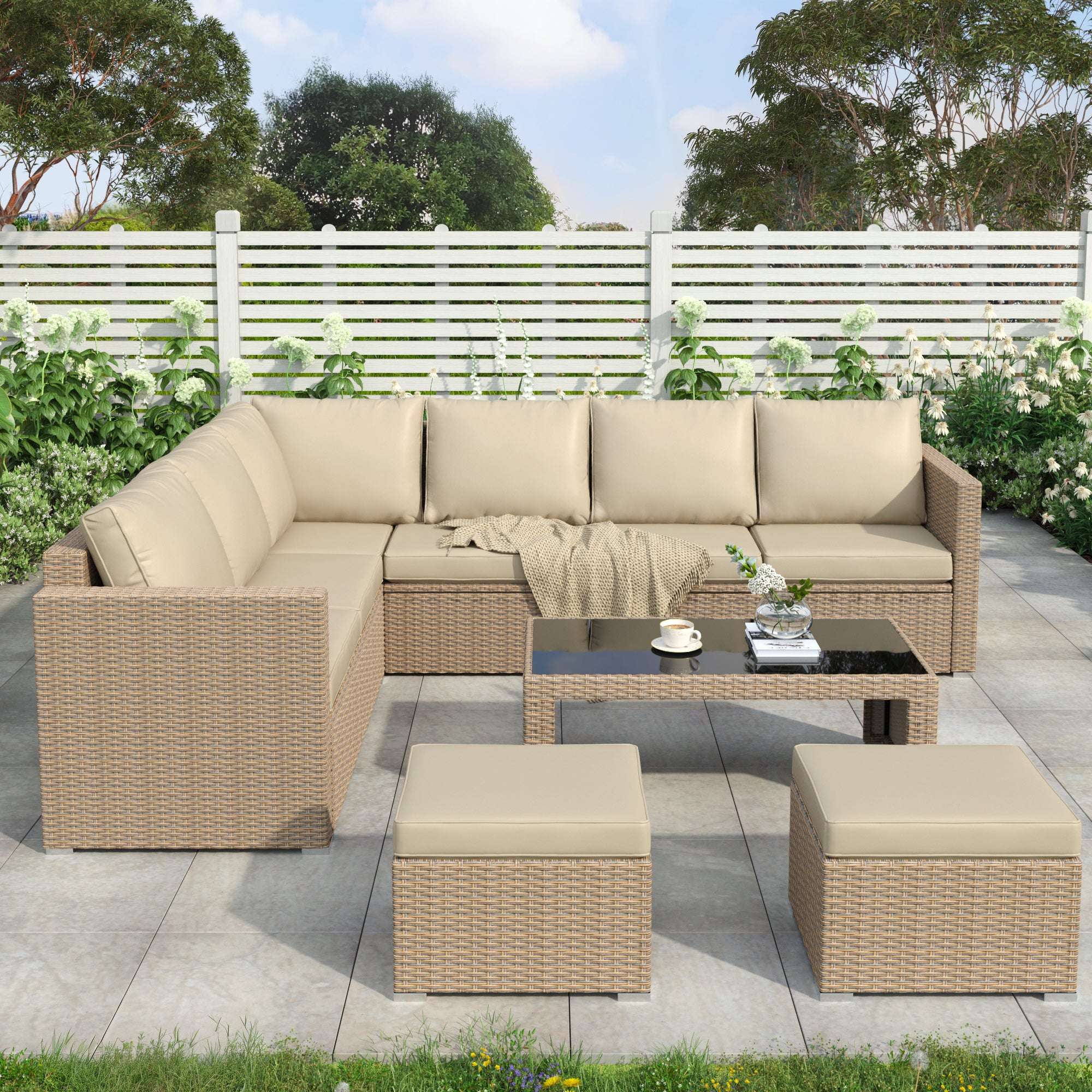 Khaki Rattan Corner Garden Sofa Set with Coffee Table & Stools | Premium Home Decor | OFIA HOME