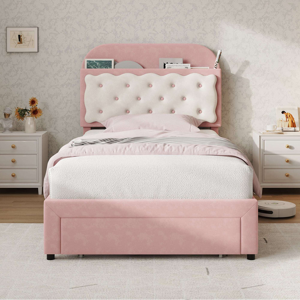 Velvet Single Bed Frame | Cookie Headboard, Storage Drawer | Cream & Pink | 3ft | Premium Home Decor | OFIA HOME