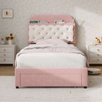 Velvet Single Bed Frame | Cookie Headboard, Storage Drawer | Cream & Pink | 3ft | Premium Home Decor | OFIA HOME