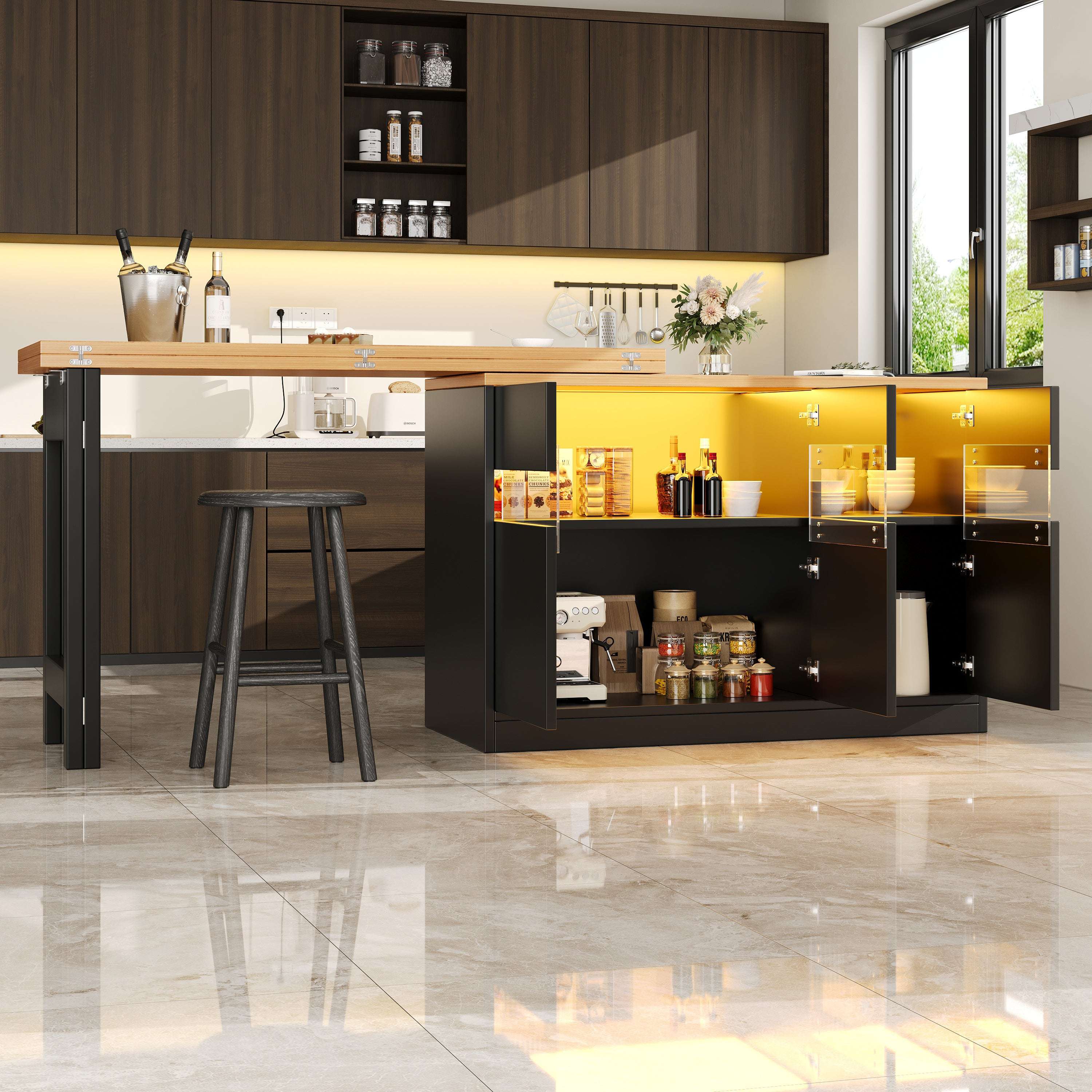 Extendable Bar Table with LED Lighting & Swivel – Kitchen Island with Storage, 120–180cm | Premium Home Decor | OFIA HOME