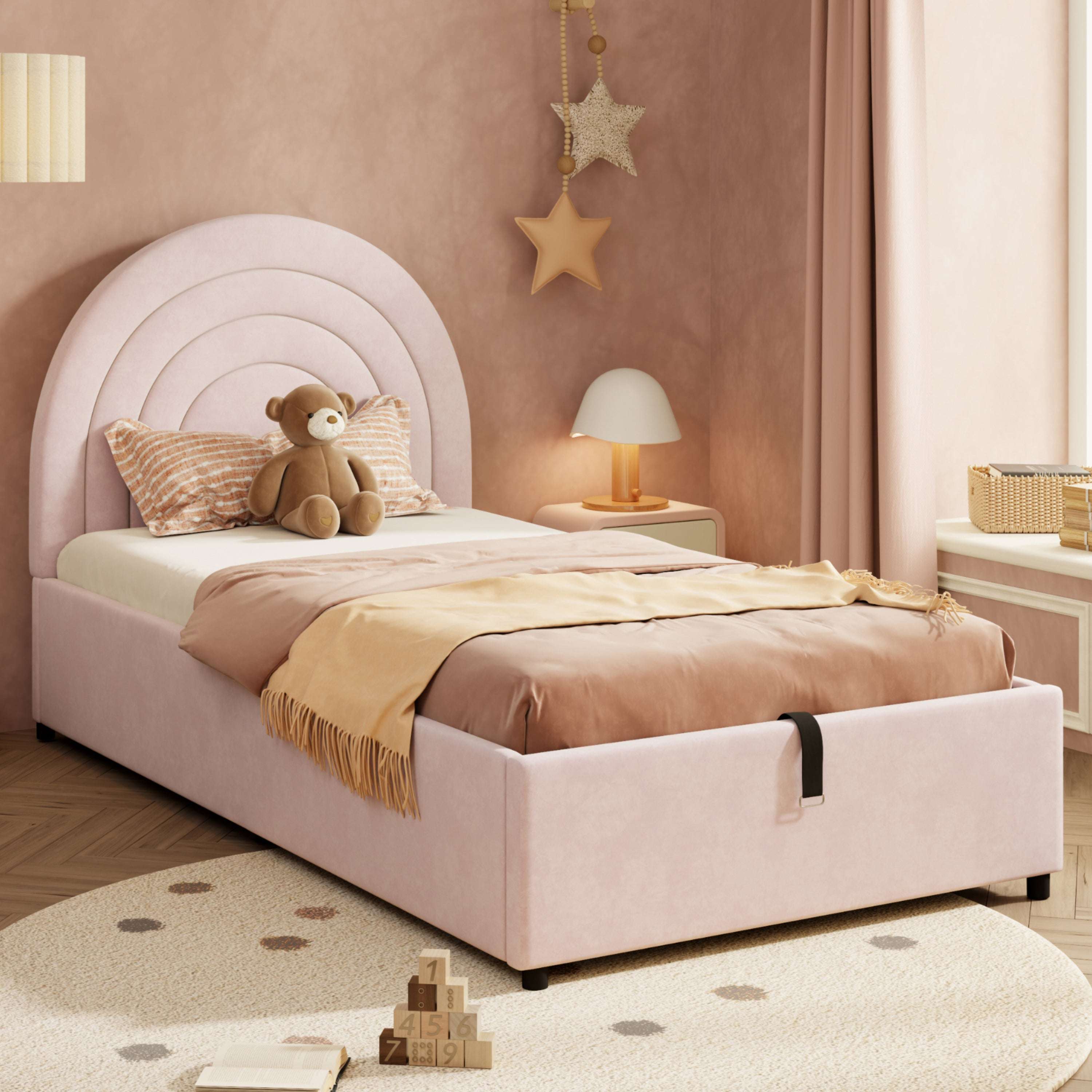 Children's Single Bed | Pink Velvet Upholstered | Slatted Frame & Headboard | 3ft 90x190cm | Premium Home Decor | OFIA HOME