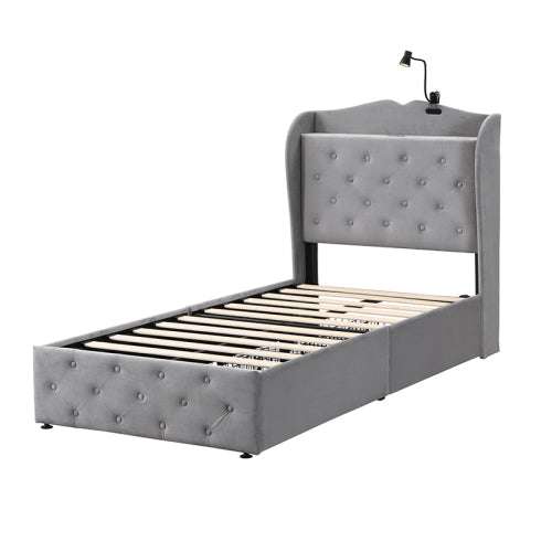 Velvet Storage Single Bed with Drawers & USB Ports — Grey | Premium Home Decor | OFIA HOME