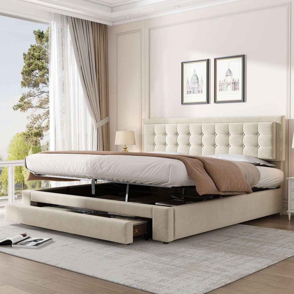 Cream Velvet Super King Storage Bed – Ottoman Storage, 180x200cm | Premium Home Decor | OFIA HOME