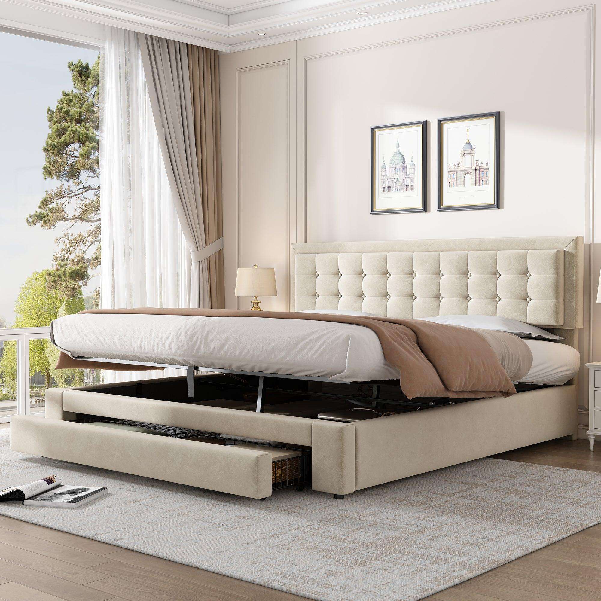 Cream Velvet Super King Storage Bed – Ottoman Storage, 180x200cm | Premium Home Decor | OFIA HOME
