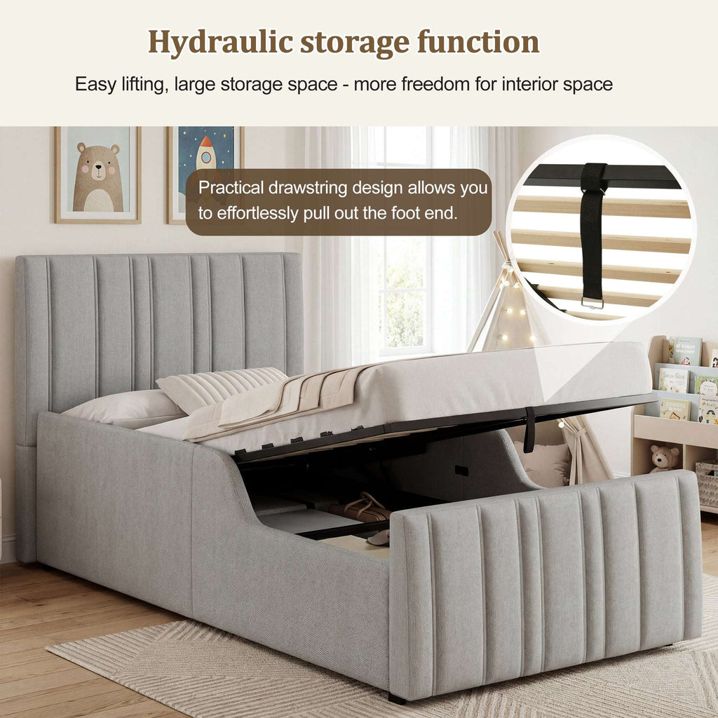 Children's Single Bed | Grey Linen Upholstered Headboard & Hydraulic Storage | 3ft 90x190cm | Premium Home Decor | OFIA HOME