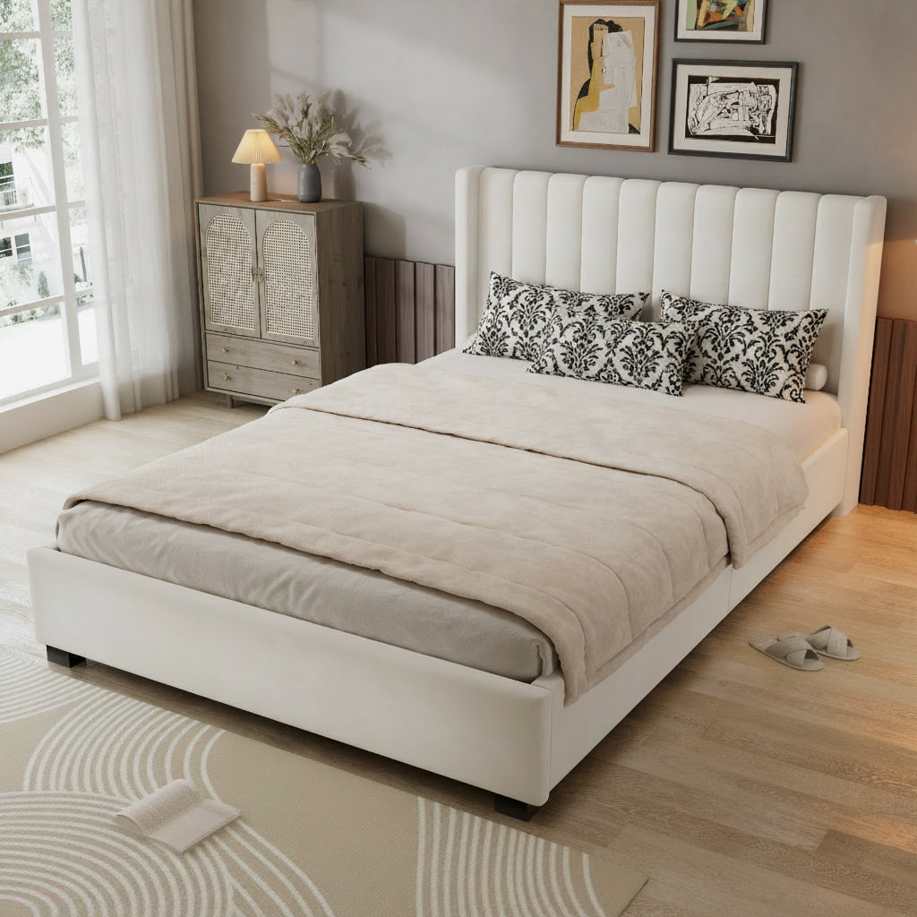 Upholstered Double Bed with Storage | 4ft6 135x190cm | 4 Drawer Divan, Velvet Headboard | Beige