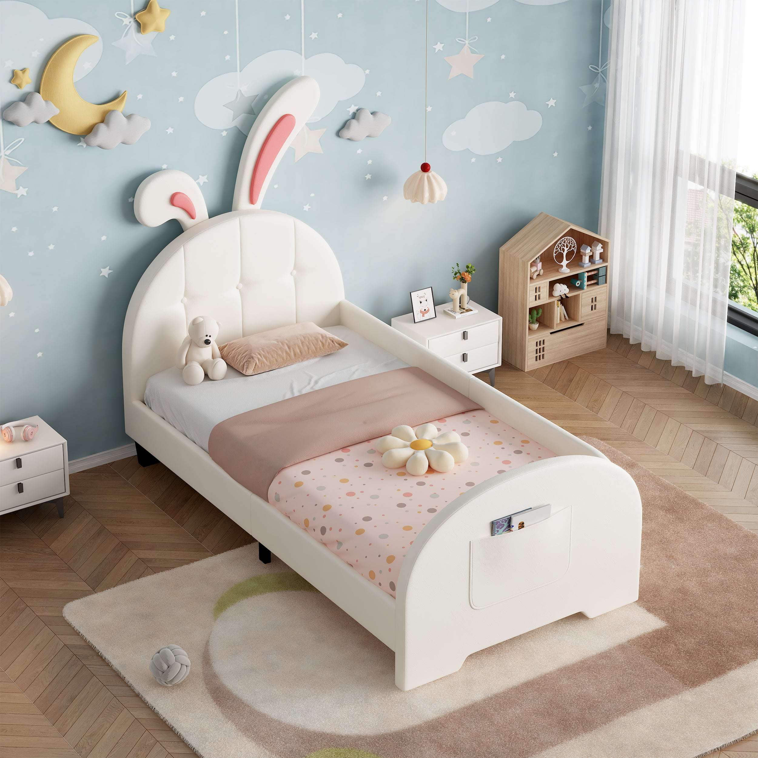 Cream Rabbit Single Bed | Bunny Ear Headboard & Footboard Pocket | Premium Home Decor | OFIA HOME