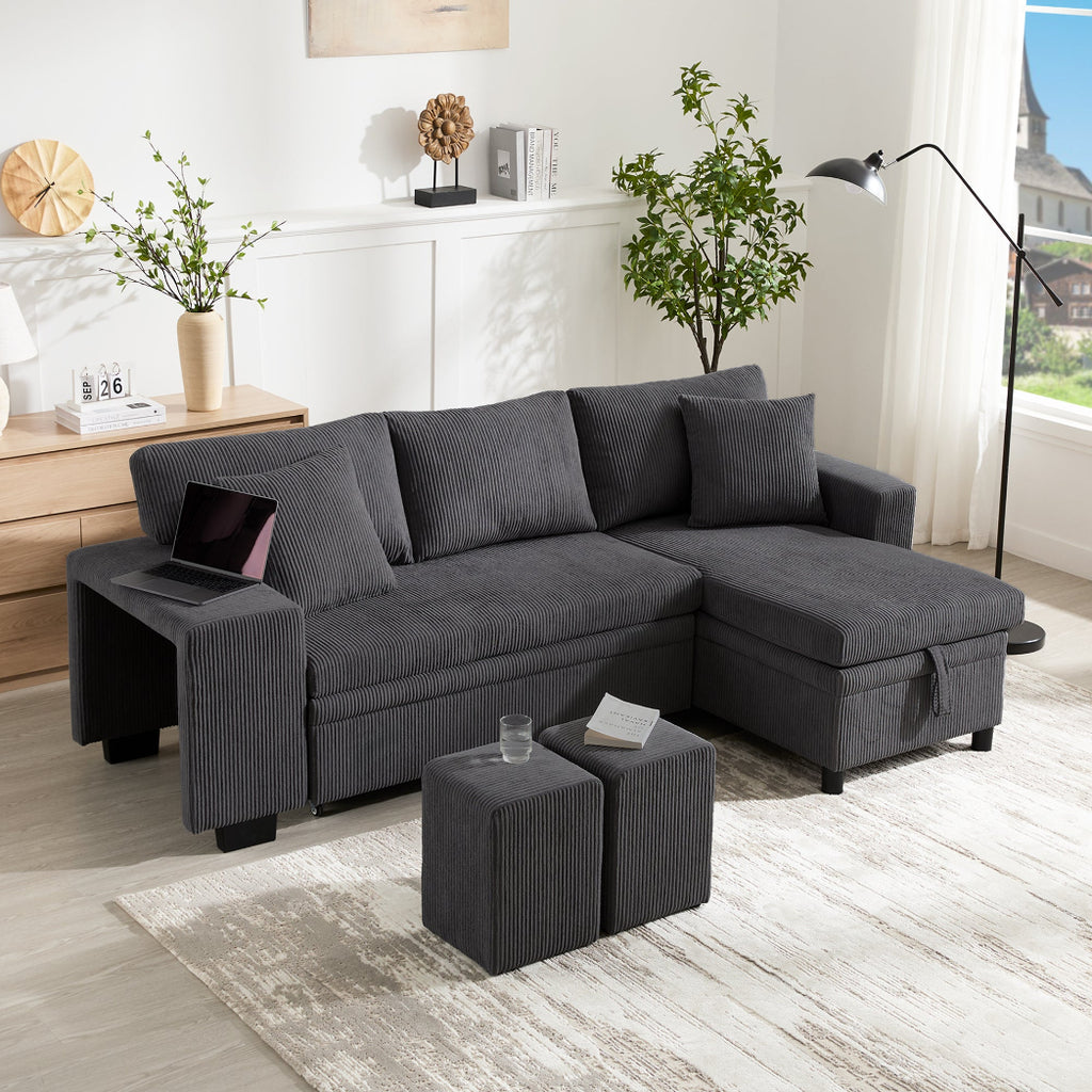 Grey L-Shaped Corner Sofa Bed with Storage, USB Charging & 2 Ottomans | Corduroy | Premium Home Decor | OFIA HOME