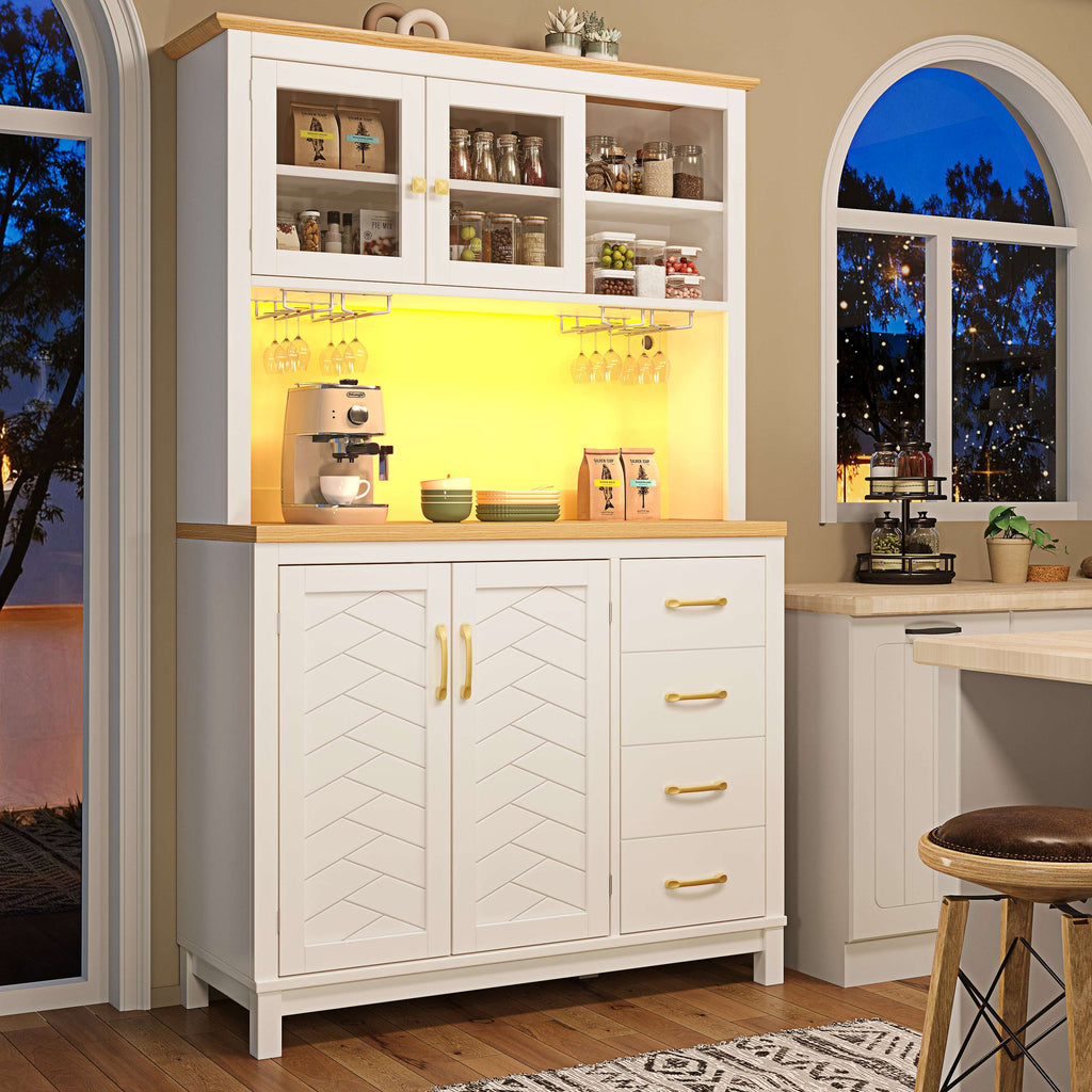 White Farmhouse Sideboard Cabinet with LED Strip – 4 Doors & Drink Holders, 180cm | Premium Home Decor | OFIA HOME