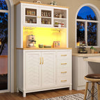 White Farmhouse Sideboard Cabinet with LED Strip – 4 Doors & Drink Holders, 180cm | Premium Home Decor | OFIA HOME