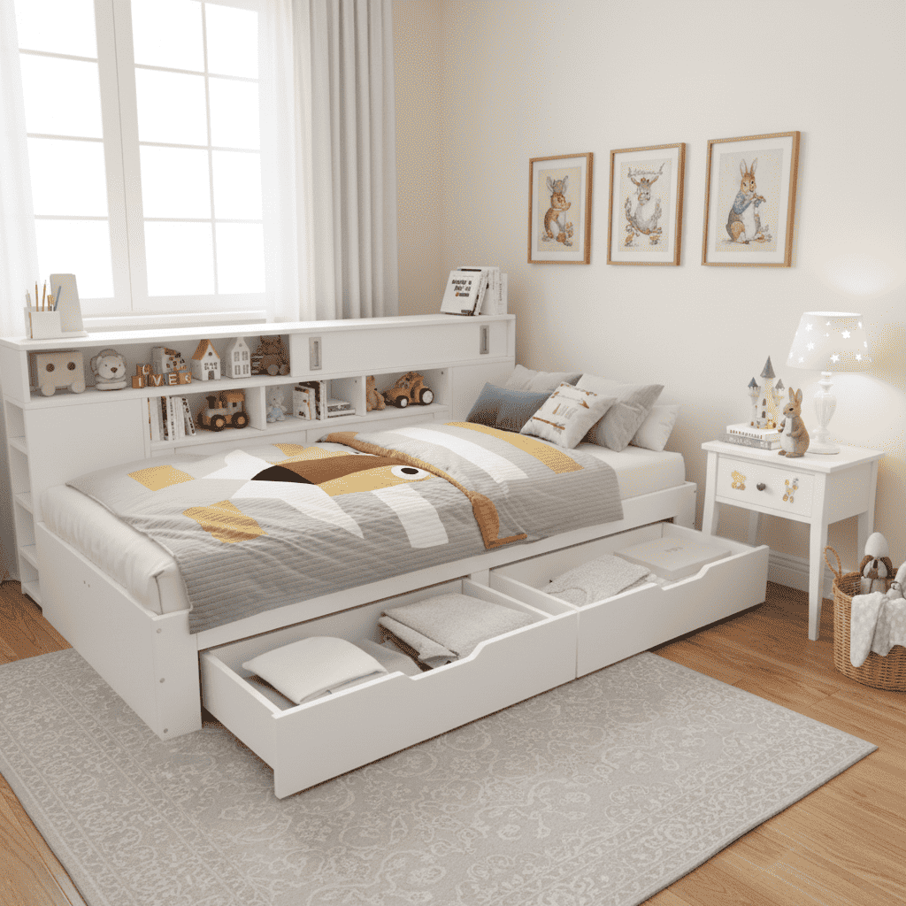 White Storage Daybed | Double Sofa Bed with Drawers & Shelves | 4ft6 | Premium Home Decor | OFIA HOME