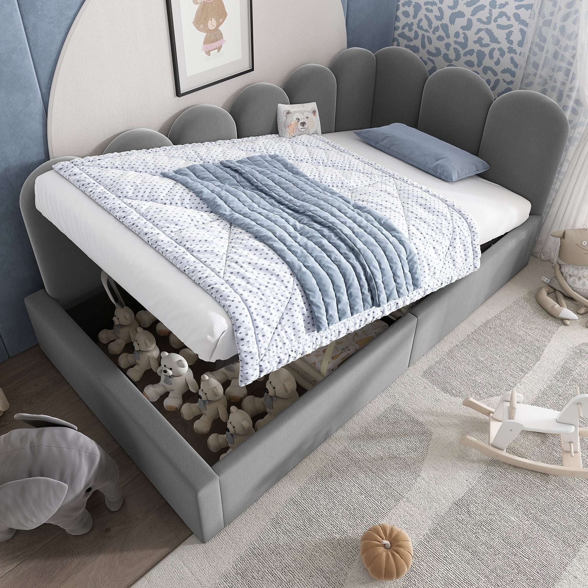 Grey Velvet Daybed with Hydraulic Storage | Single Sofa Bed 3ft 90x190cm | Children | Premium Home Decor | OFIA HOME