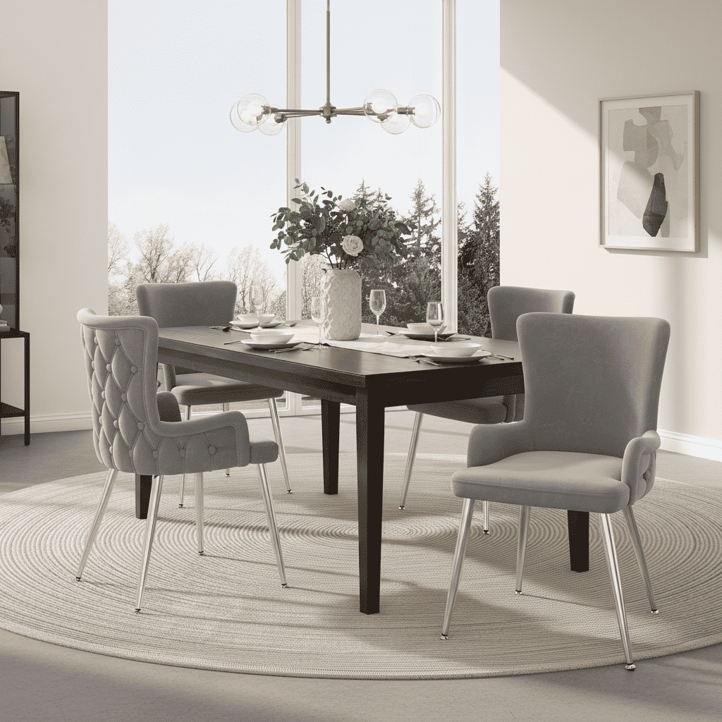 Grey Velvet Dining Chairs | Set of 2 | Silver Metal Legs | Living Room & Bedroom Lounge Chair | Premium Home Decor | OFIA HOME