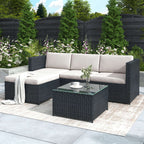 Black Rattan Corner Garden Sofa Set | 3-Seater Patio Lounge with Coffee Table | Premium Home Decor | OFIA HOME