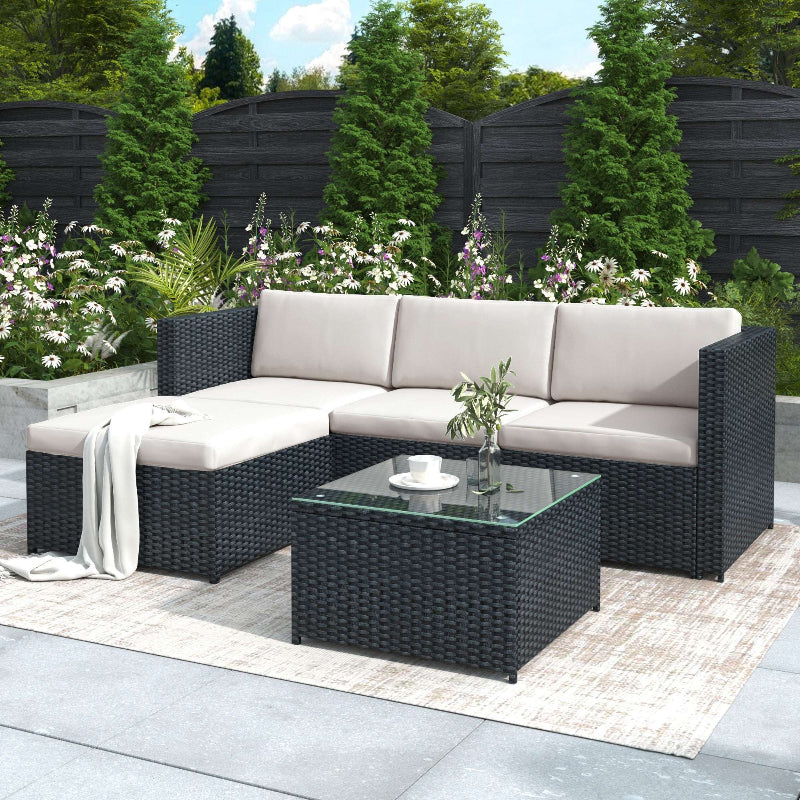 Black Rattan Corner Garden Sofa Set | 3-Seater Patio Lounge with Coffee Table | Premium Home Decor | OFIA HOME