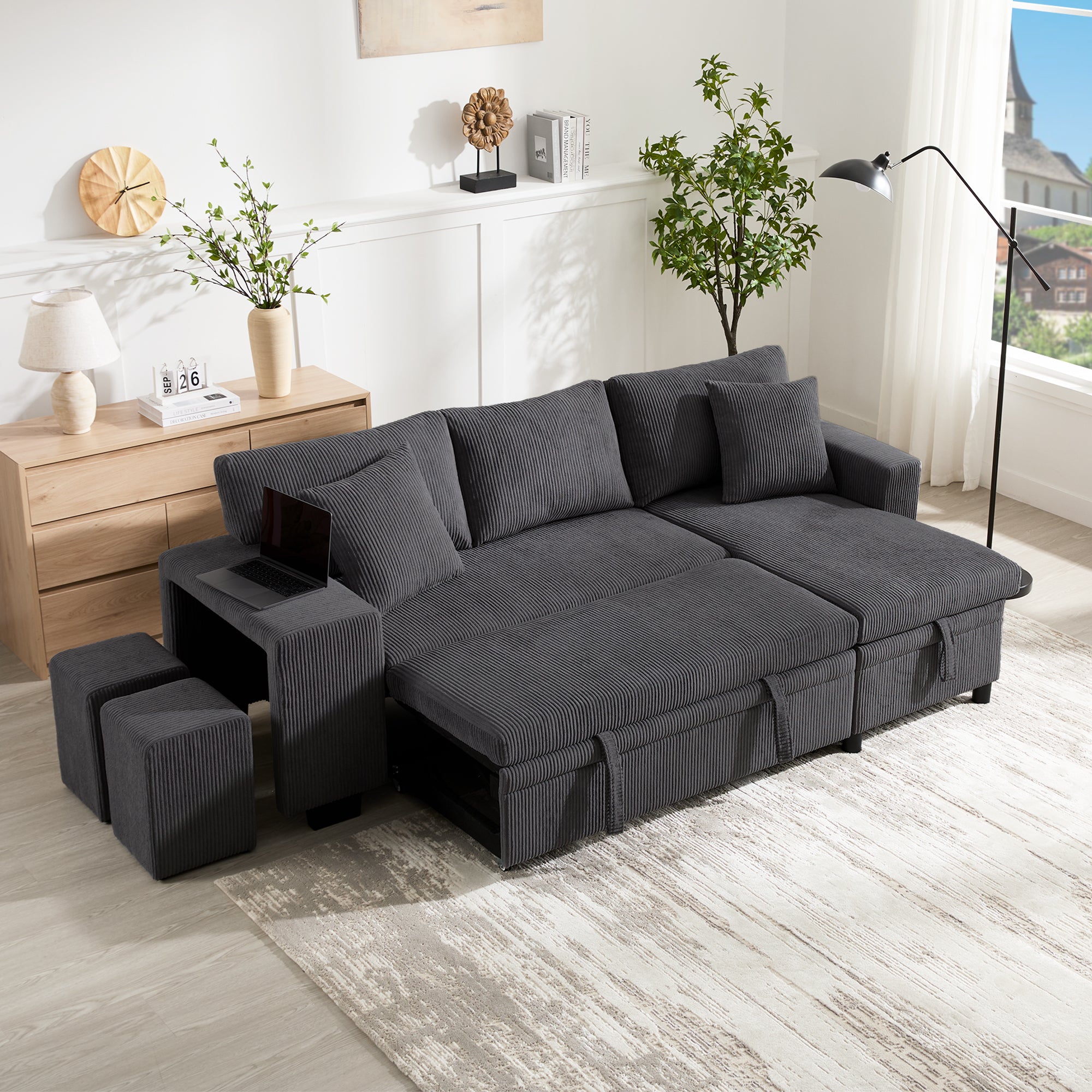 Grey L-Shaped Corner Sofa Bed with Storage, USB Charging & 2 Ottomans | Corduroy | Premium Home Decor | OFIA HOME