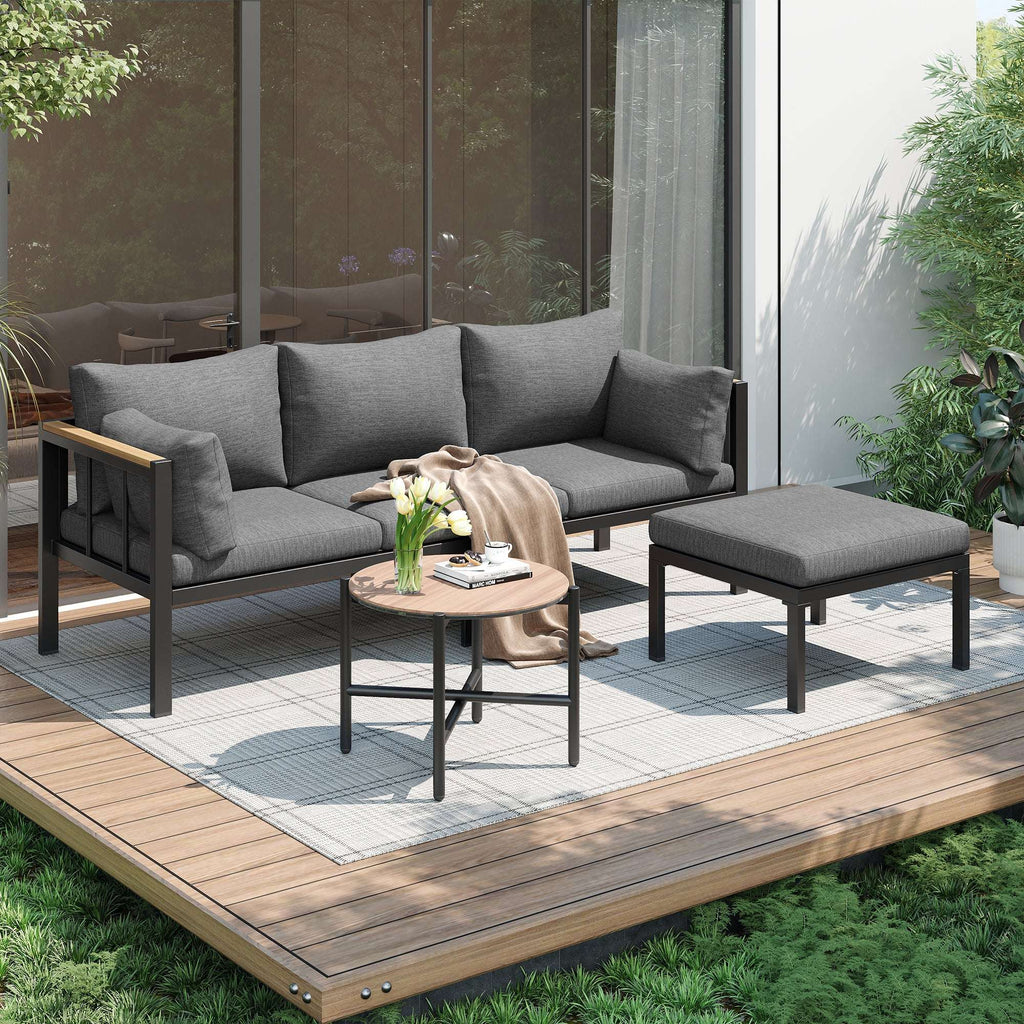Corner Garden Sofa Set with Coffee Table & Footstool — Grey | Premium Home Decor | OFIA HOME