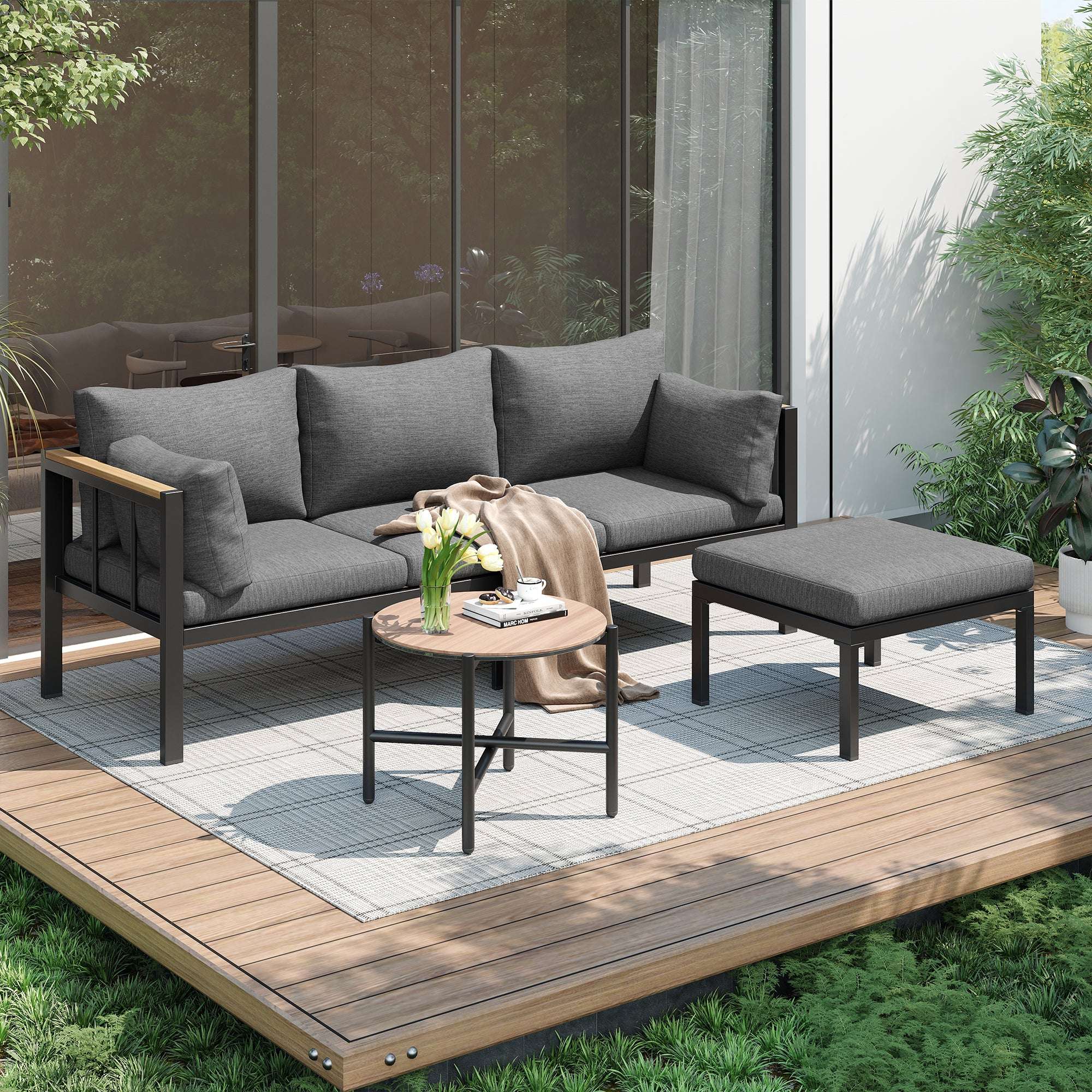 Corner Garden Sofa Set with Coffee Table & Footstool — Grey | Premium Home Decor | OFIA HOME