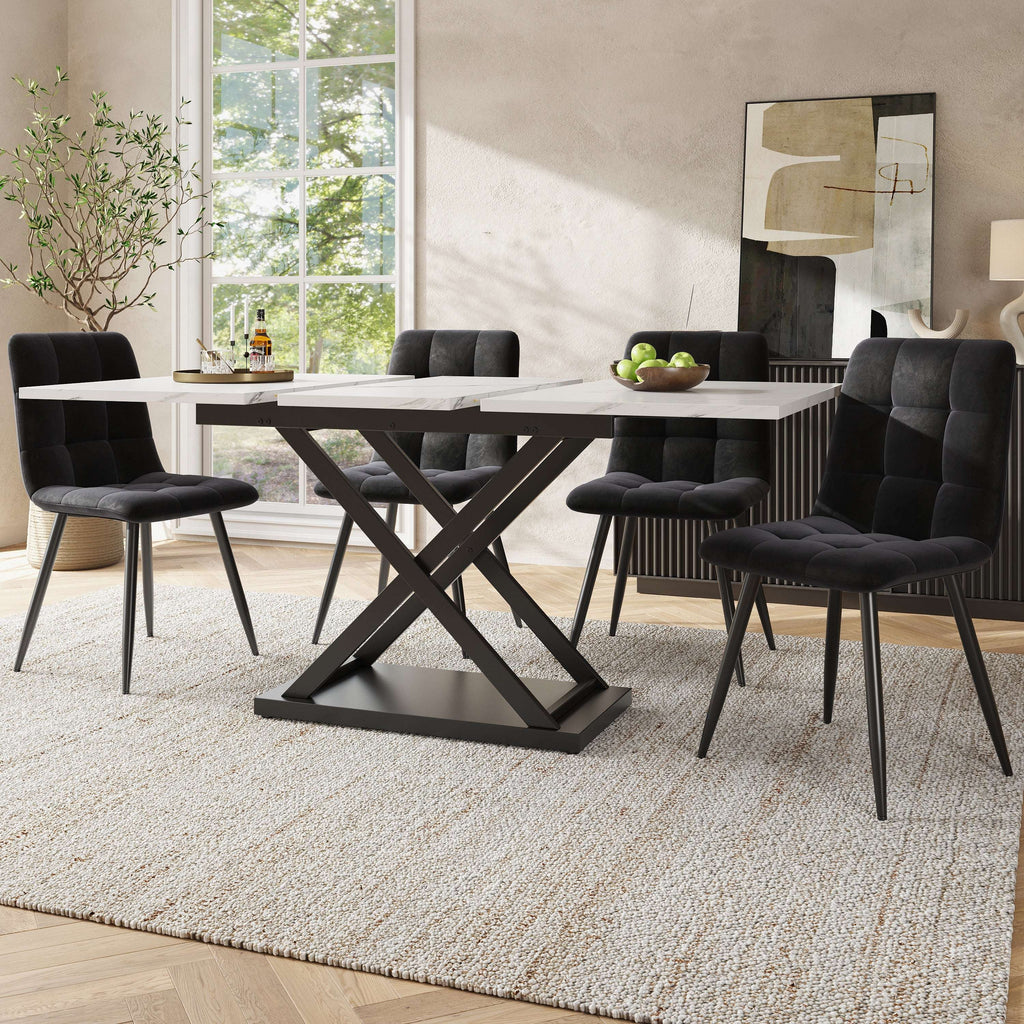 5-Piece Extendable Dining Table Set | White Marble Table & Black Velvet Chairs | Seats 4 | Premium Home Decor | OFIA HOME