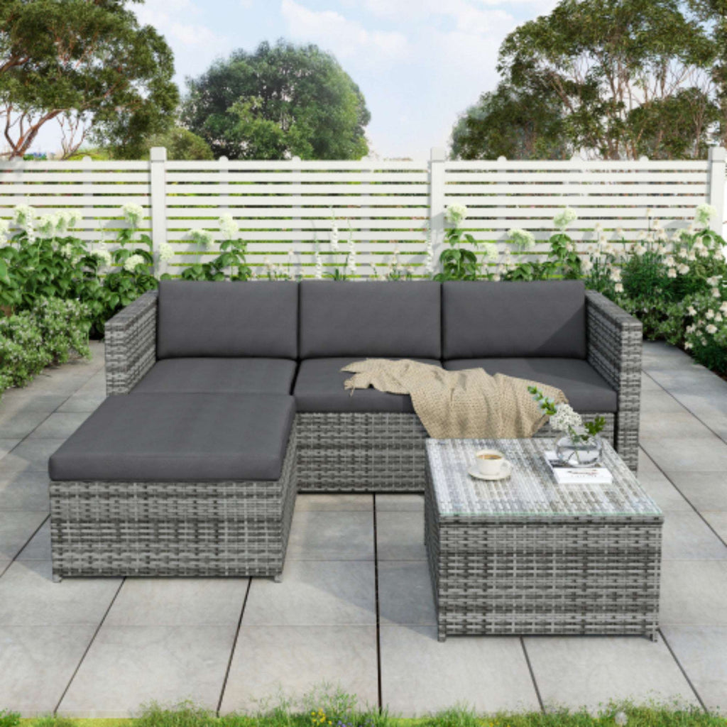 Grey Rattan Corner Garden Sofa Set | 3-Seater Patio Lounge with Coffee Table | Premium Home Decor | OFIA HOME